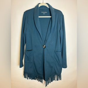 Soft Surroundings Petite Medium cotton Cardigan Sweater Teal Blue Fringe Bottom